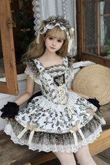 Cream [Golden Spirit • Dream Butterfly] Sleeveless Print Ruffle Bowknot Lace-Up Sweet Princess Lolita Jsk Dress Set - Product - 5