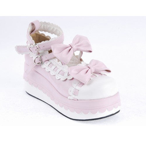 Pink Synthetic Leather Round Toe Ankle Straps Bow Decoration Platform Lolita Shoes - Product - 6