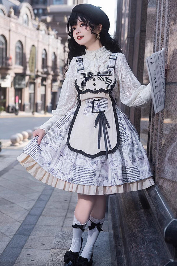 White Vintage Berlin Daily Print Removable Apron Classic Lolita Strap Dress - Product - 4