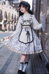 White Vintage Berlin Daily Print Removable Apron Classic Lolita Strap Dress - Product - 4