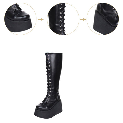 Black Concise Lace Up Sweet Lolita High Boots - Product - 5