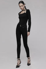 Black Triangular Metal Decorative Sheet Back Crossed Straps Tight Fit Punk Women's Denim Pants - Product - 4