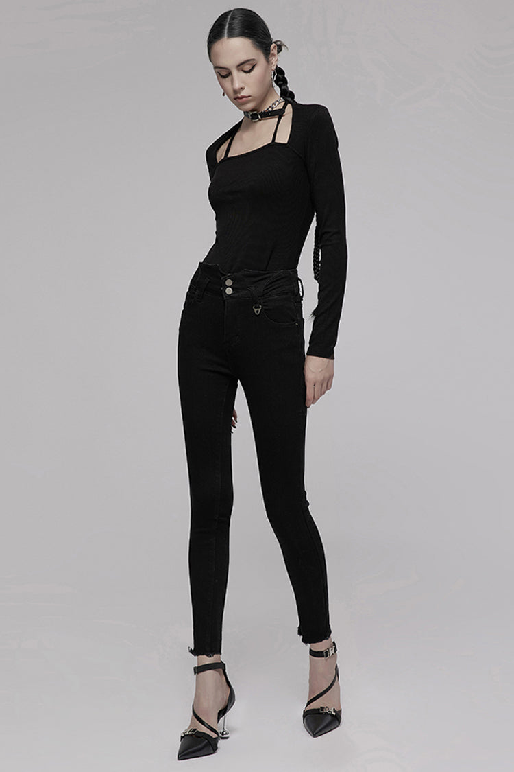 Black Triangular Metal Decorative Sheet Back Crossed Straps Tight Fit Punk Women's Denim Pants - Product - 4