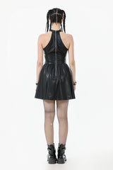 Black Halterneck Zippered Chain-Decorated Eyelet Women's Punk Faux Leather Dress - Product - 4