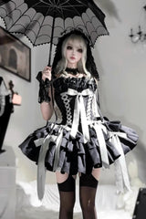 [Thousand Paper Cranes] Sleeveless Multi-Layered Ruffle Bowknot Lace-Up Fishbone Gothic Lolita Jsk Dress 4 Colors - Product - 4