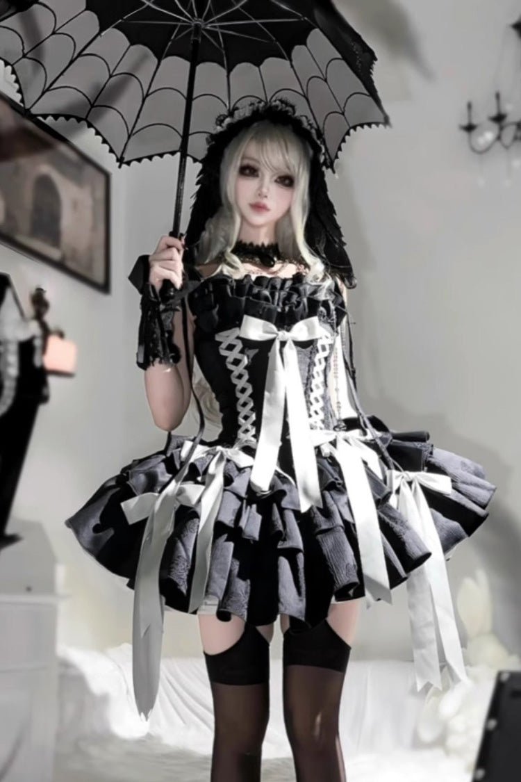[Thousand Paper Cranes] Sleeveless Multi-Layered Ruffle Bowknot Lace-Up Fishbone Gothic Lolita Jsk Dress 4 Colors - Product - 4