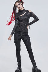 Bronzer Punk Cracked Stretch Knitted Fabric Chest Cutout Design Buckle Strap Decoration Long Sleeves Women's Shirt - Product - 5