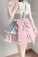 Blue/Pink [Sweetheart Cowboy] Plaid Print Ruffle Bowknot Sweet Lolita Skirt Set - Product - 8