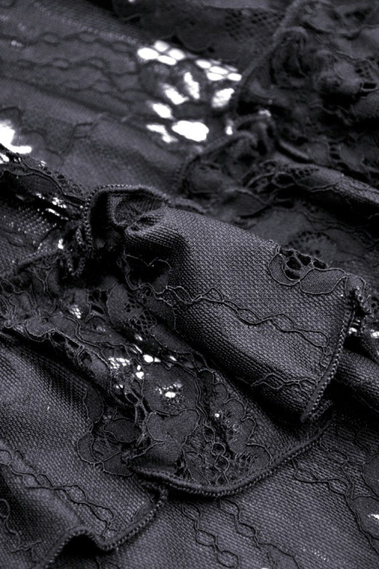 Black Boat Neck Off Shoulder Short Puff Sleeves Ruffled Lace Lace-Up Irregular Women's Gothic Dovetail Dress - Product - 19