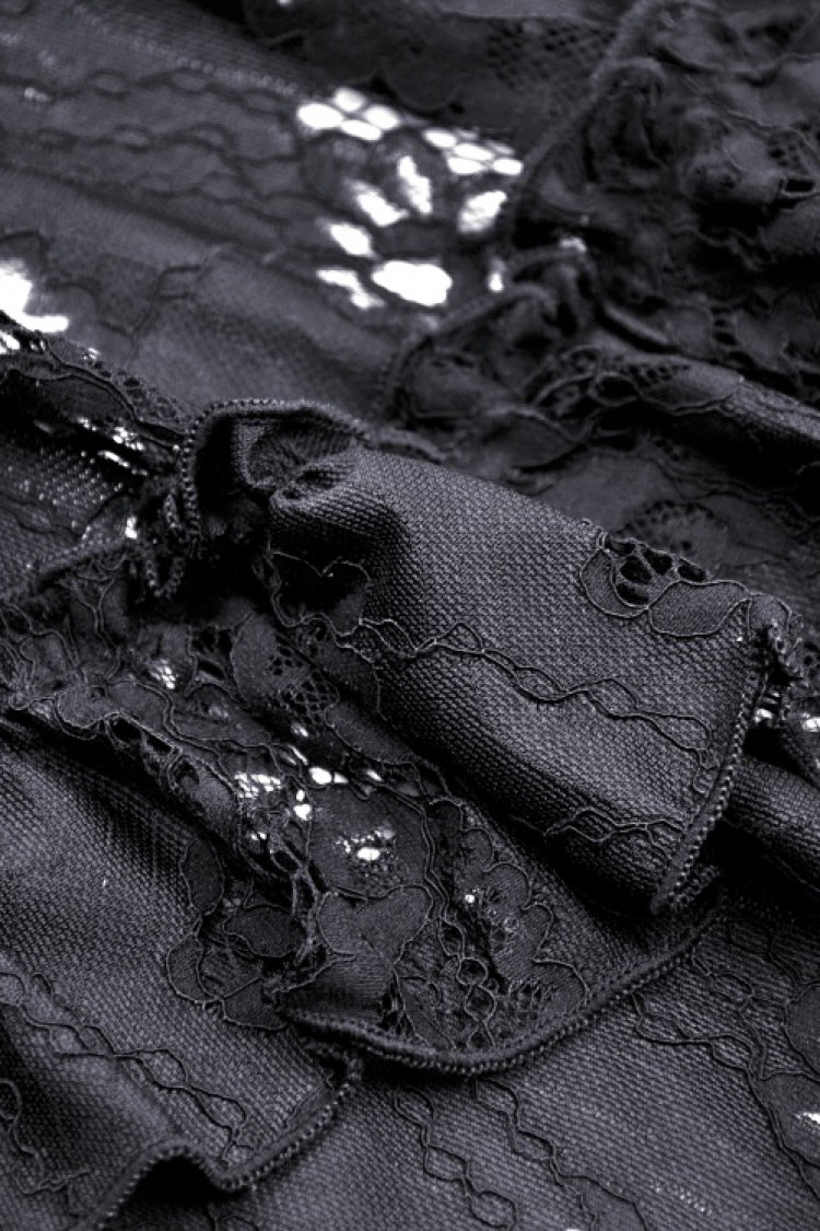 Black Boat Neck Off Shoulder Short Puff Sleeves Ruffled Lace Lace-Up Irregular Women's Gothic Dovetail Dress - Product - 19