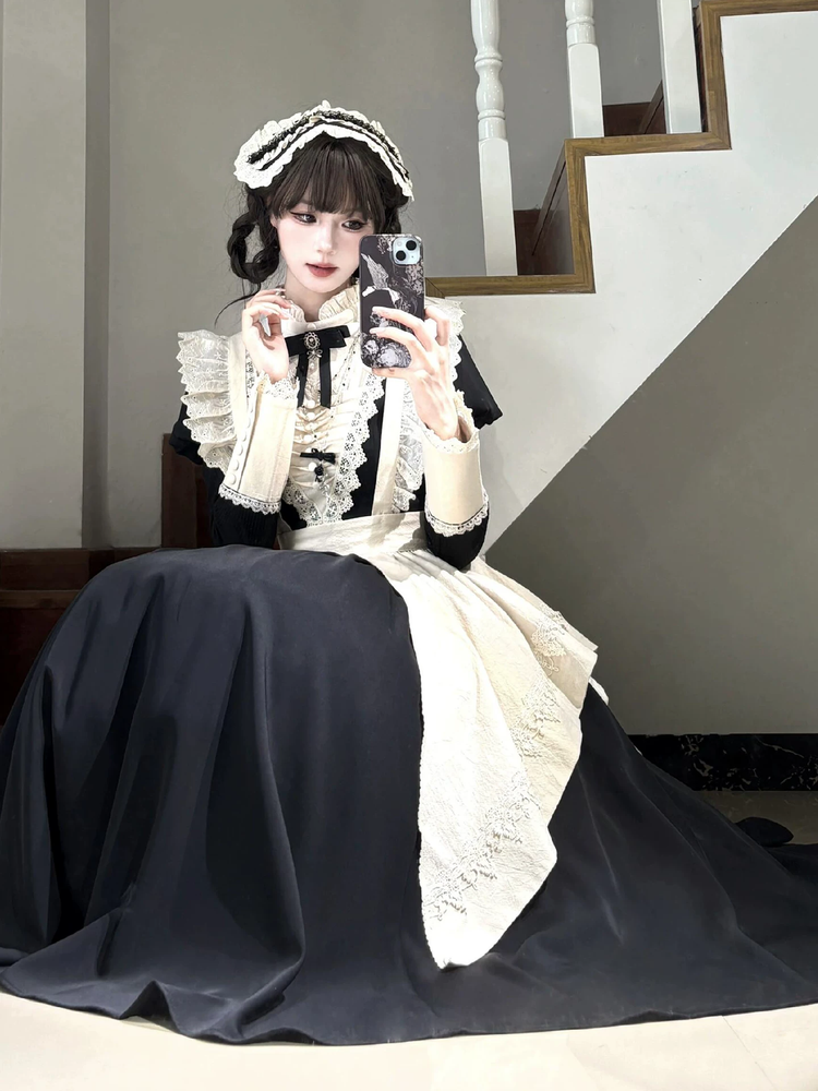 Black and White Plaid Ruffled Maid Lolita Dress with Apron Bow Accent - view 7
