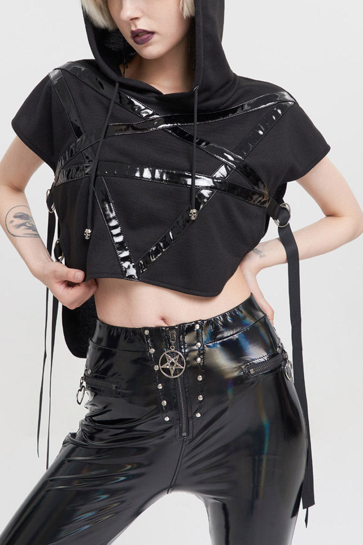 Black Short Front Long Back Stitched Shiny Leather Inverted Pentagram Shape Hoodie Short Sleeve Women's Punk T-Shirt - Black - 1