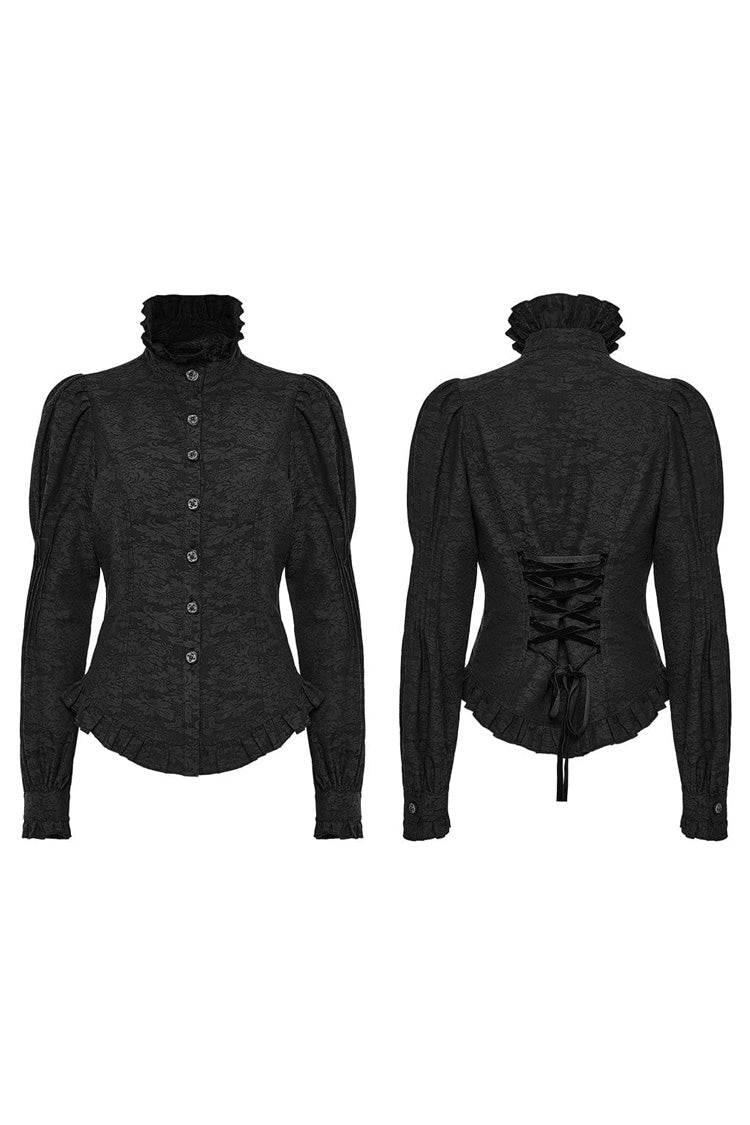 Black Stand Collar Long Puff Sleeves Ruffle Womens Gothic Blouse - Product - 5