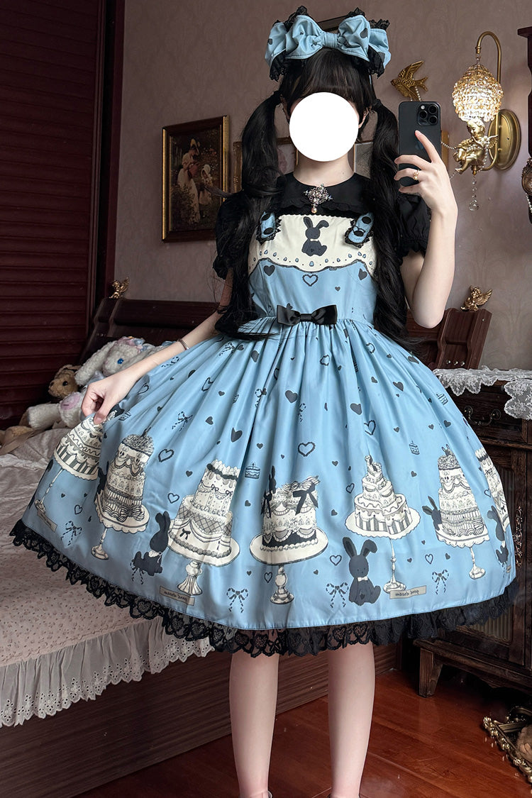 Blue Cake Bunny Print Bowknot Stitching Lace Sweet Lolita Jsk Dress - Product - 4