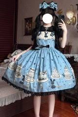 Blue Cake Bunny Print Bowknot Stitching Lace Sweet Lolita Jsk Dress - Product - 4