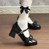 Bowknot Square Toe Sweet College Style Lolita High Heels Shoes 3 Colors - Black - 1