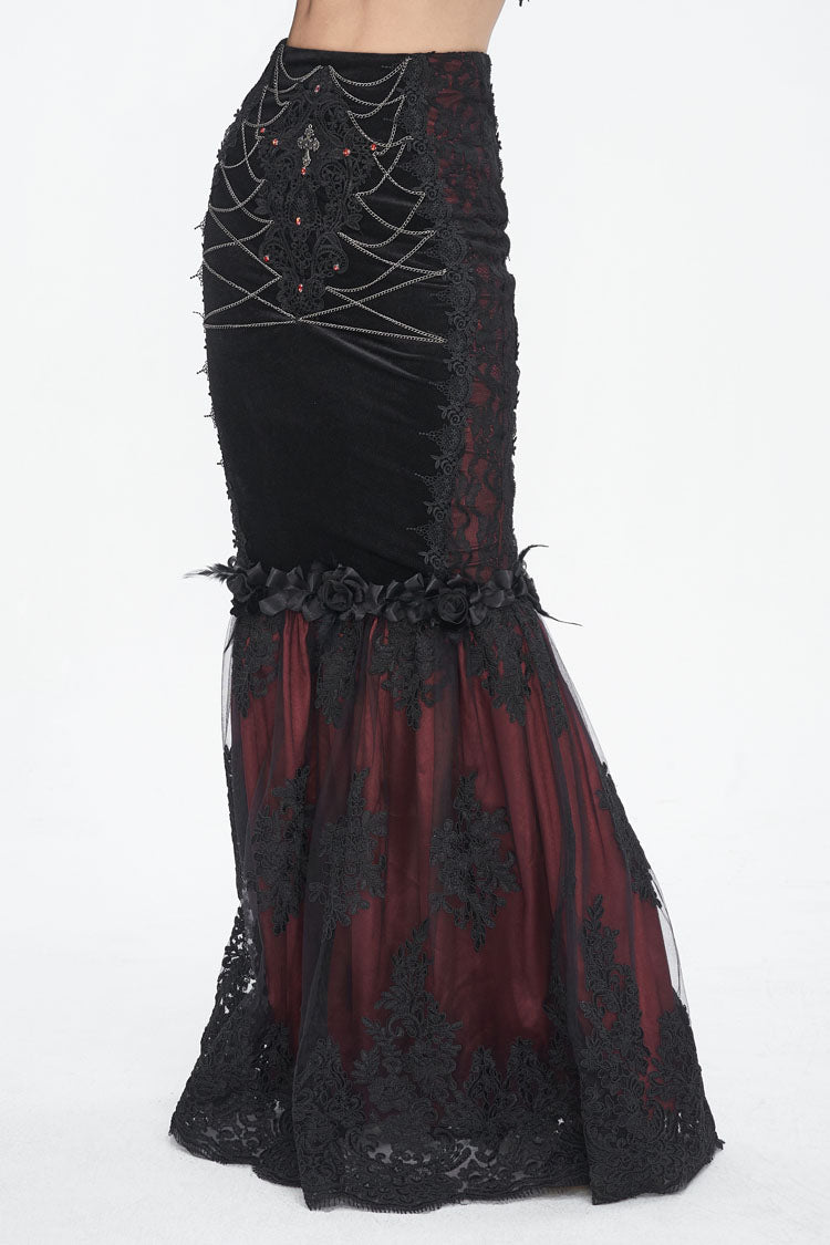Black/Red High Waisted Embroidery Stitching Lace Women's Gothic Skirt - Product - 2