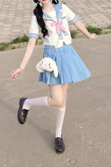 White/Blue Ruffle Bowknot Sweet Japanese School Sailor Skirt Set - Product - 5
