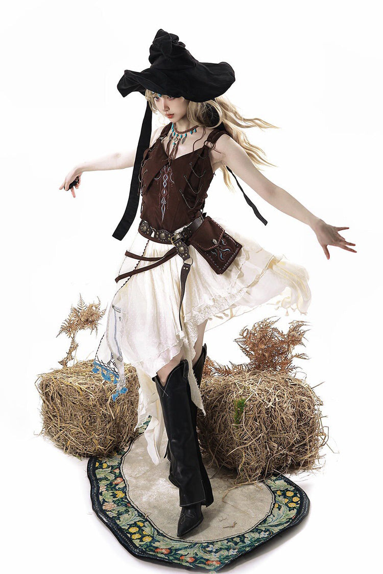 Brown/White [Dune Shadow Seeker] Sleeveless Ruffled Embroidered Irregular Vintage Lolita Skirt Set - Product - 7