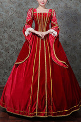 Red Hollow Embroidery Floral Print Half Sleeves High Waisted Victorian Lolita Prom Dress - Red - 1
