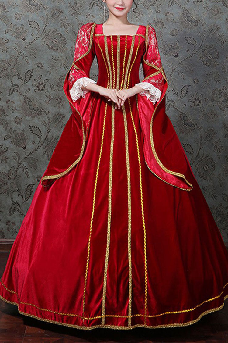 Red Hollow Embroidery Floral Print Half Sleeves High Waisted Victorian Lolita Prom Dress - Red - 1