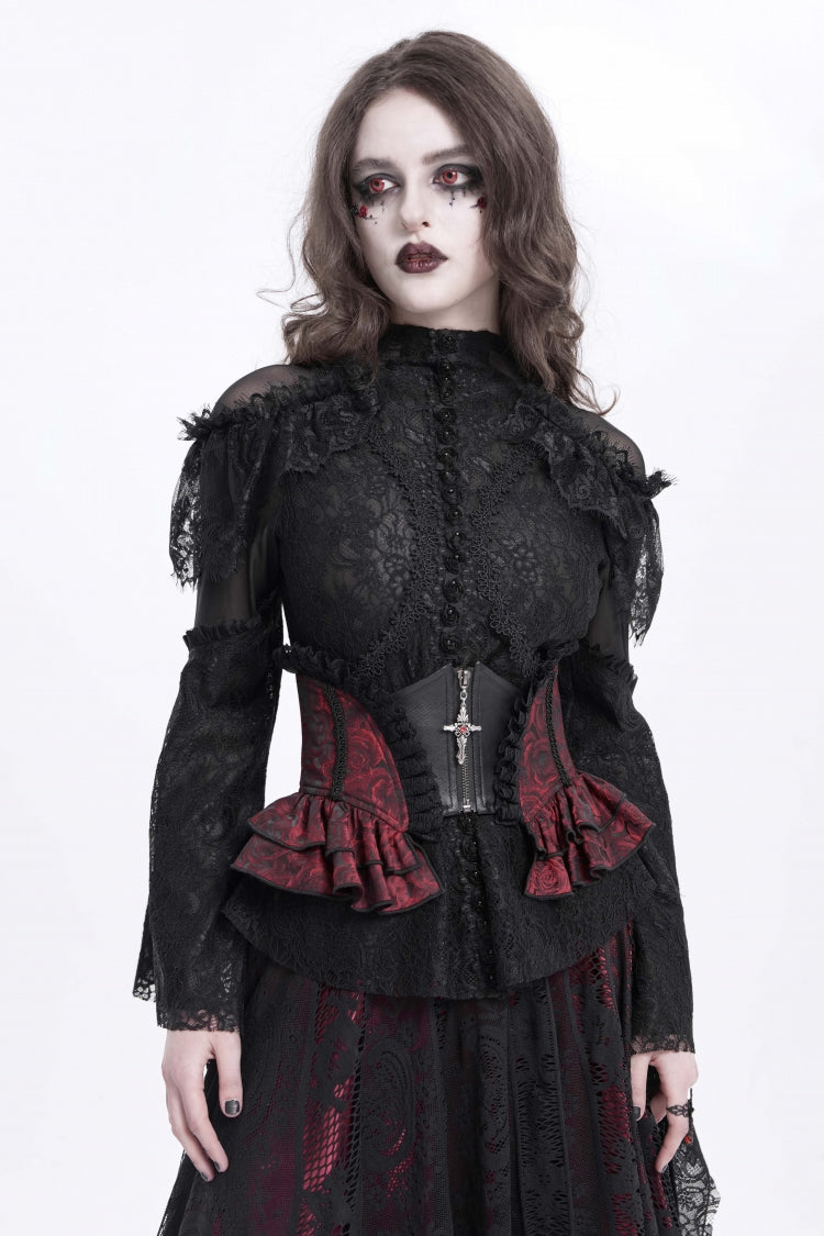 Black/Red Printed Spliced Lace Lace-Up Slim Zippered Women's Gothic Palace Corset - Product - 7