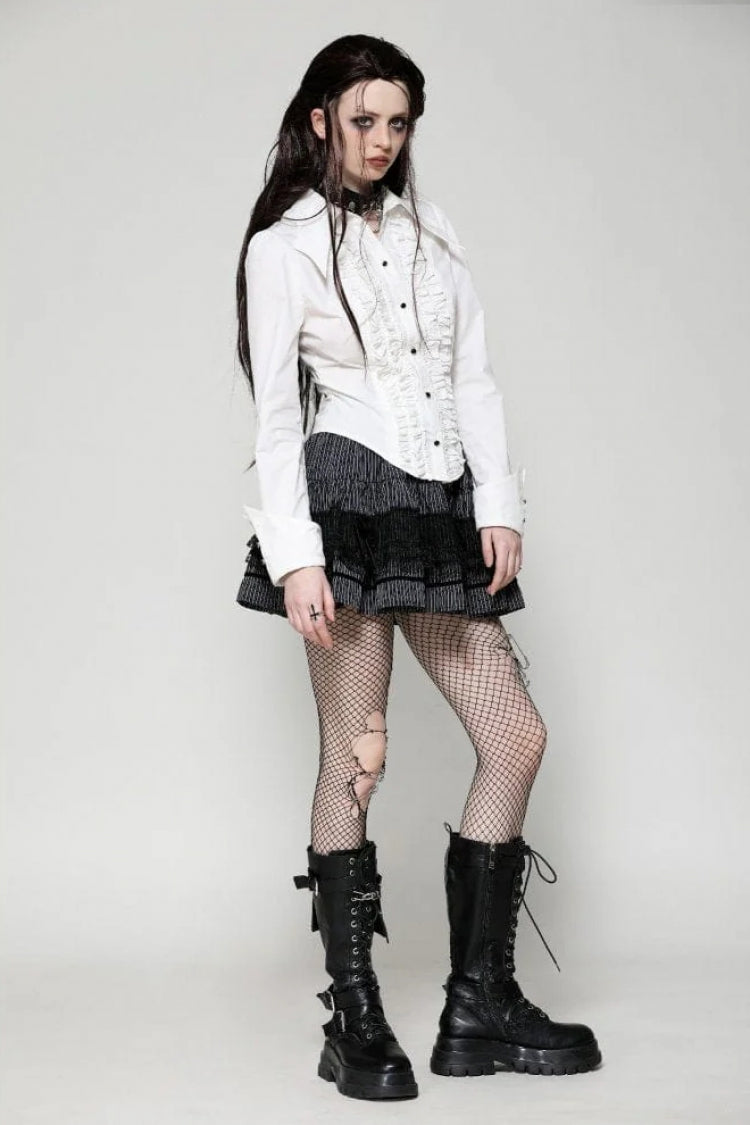 White Turn-down Collar Ruffled Long Sleeves Women's Gothic Blouse - Product - 6