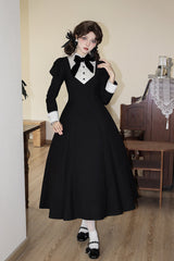 Black [Miss Donya] Stand Collar Long Sleeves Bow Gothic Elegant Lolita OP Dress - Product - 4