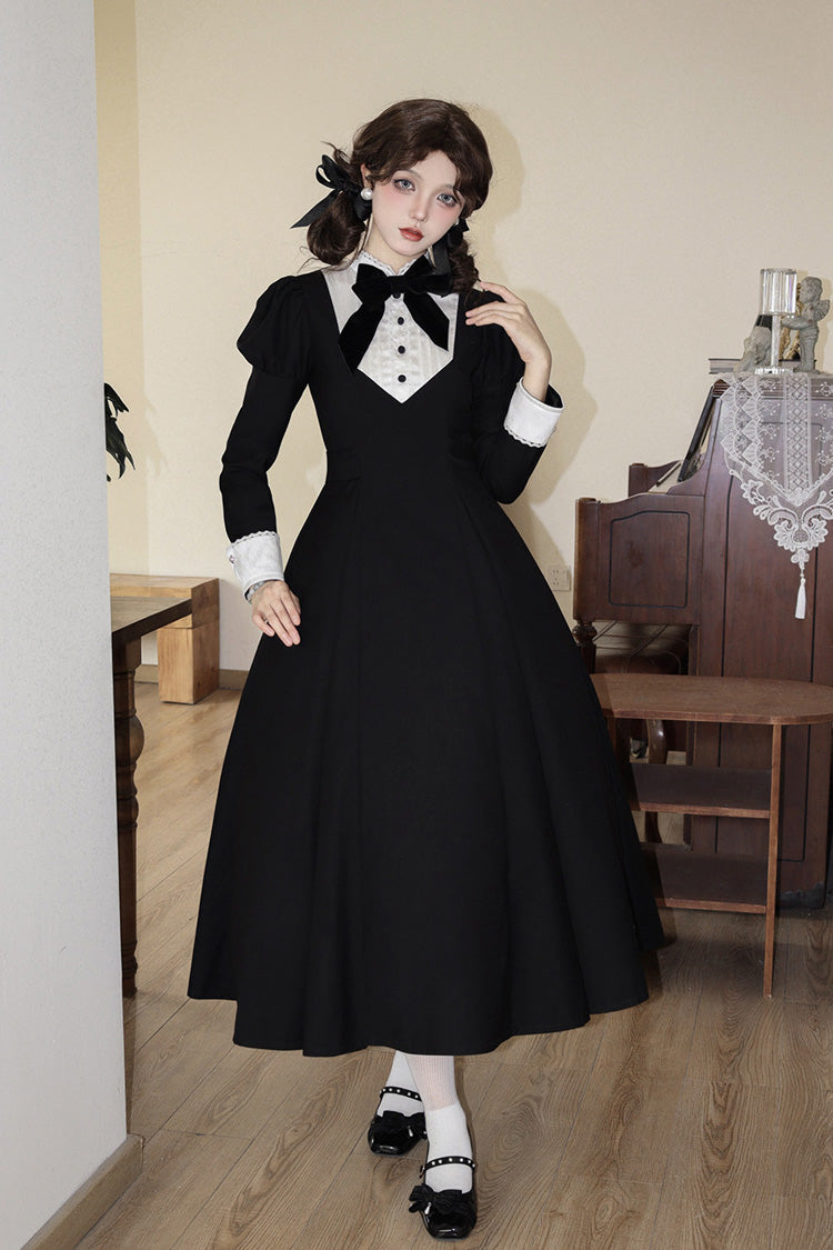 Black [Miss Donya] Stand Collar Long Sleeves Bow Gothic Elegant Lolita OP Dress - Product - 4