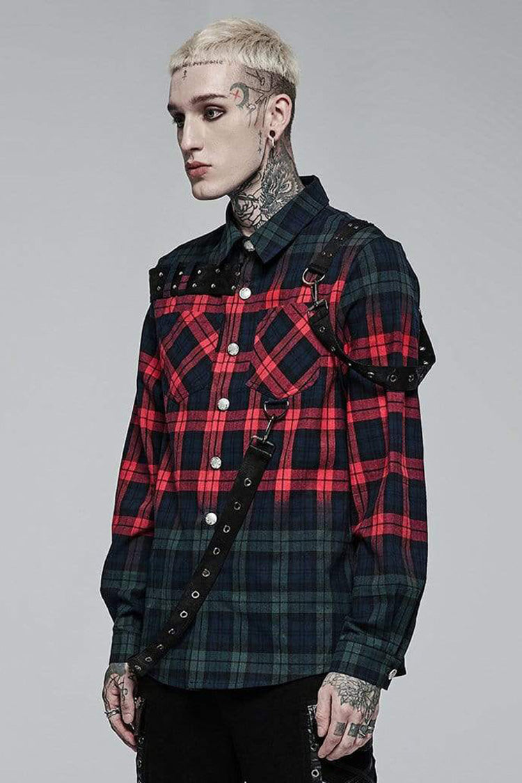 Red/Green Punk Plaid Simple Leather Loops Cotton asticity Men's Shirt - Product - 2