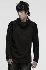 Black Stand Collar Long Sleeves Embroidered Ripped Studded Loose Men's Punk T-Shirt - Black - 1