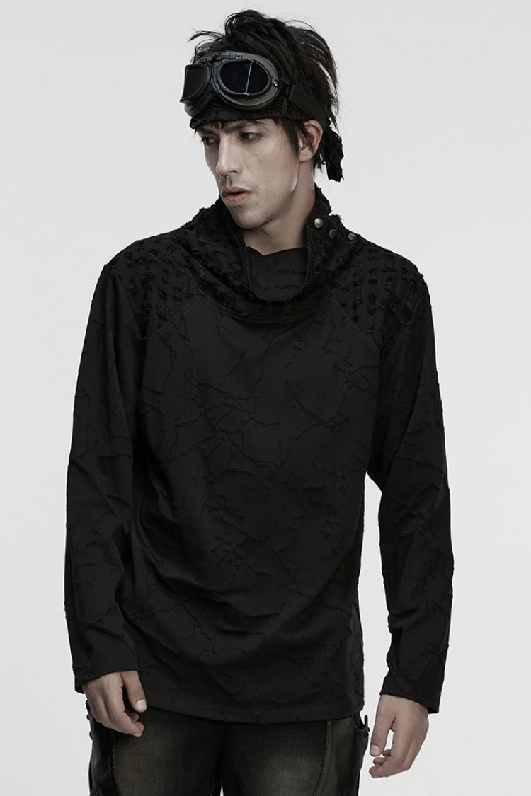 Black Stand Collar Long Sleeves Embroidered Ripped Studded Loose Men's Punk T-Shirt - Black - 1