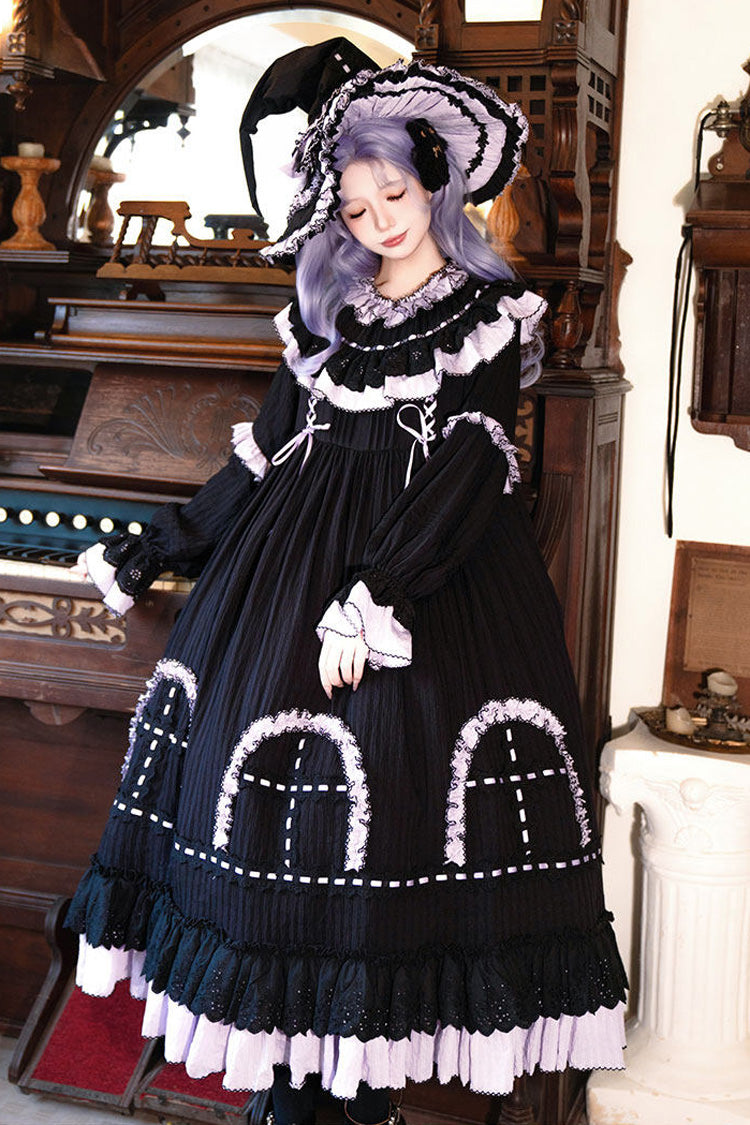 Black [Twin Lilian] Round Collar Long Sleeves Double-Layered Ruffled Bow Lace-Up Gothic Lolita Dress - Product - 10