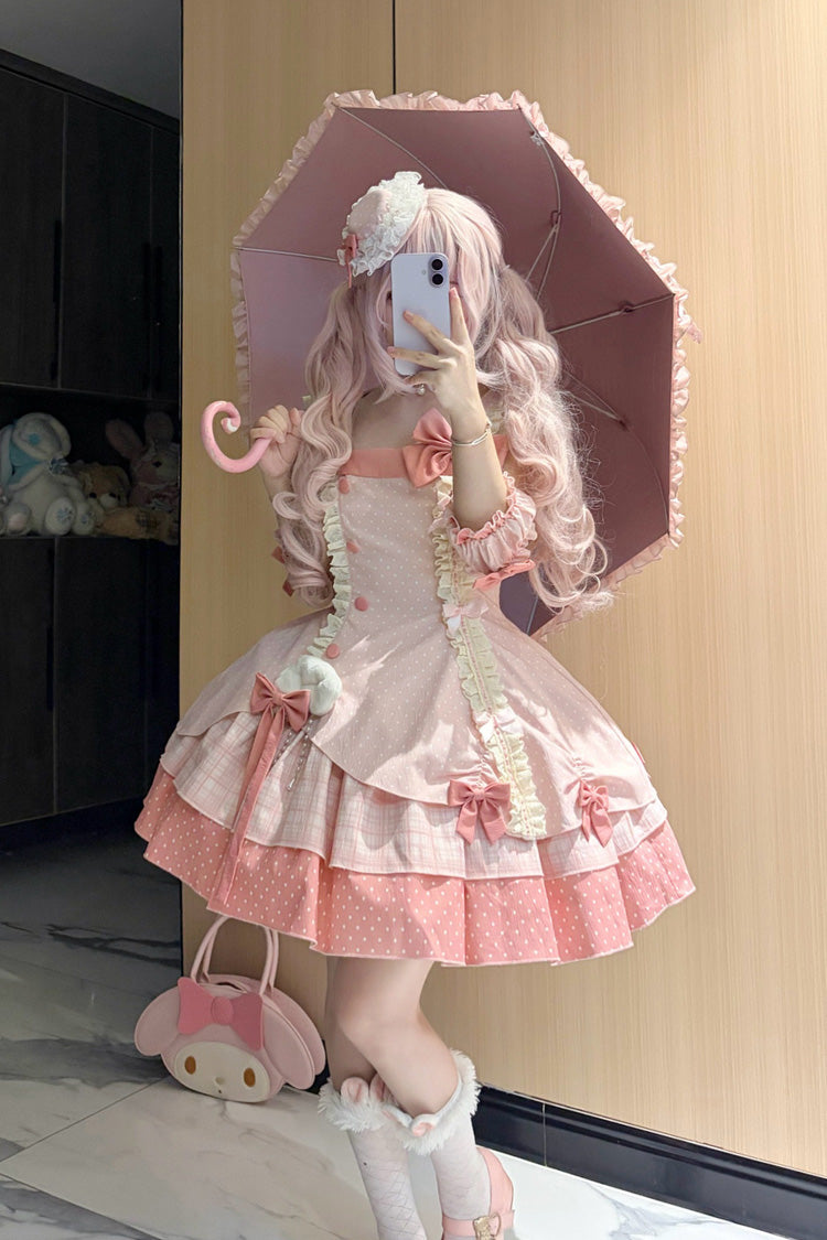 Pink [Glass Bottle] Square Collar Sleeveless Triple-Layered Printed Ruffled Bow Asymmetric Sweet Lolita Jsk Dress - Product - 5