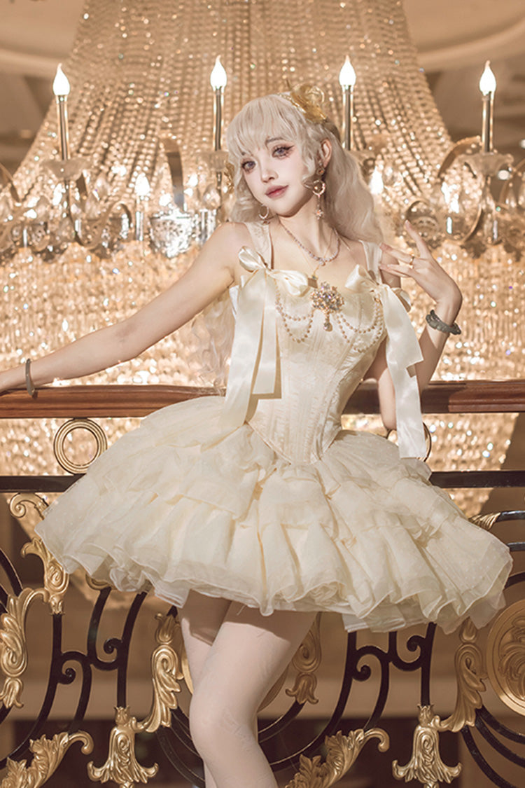 Champagne [Cream Polka Dots] Sleeveless Jacquard Bowknot Slim Sweet Ballet Lolita Skirt Dress - Product - 7