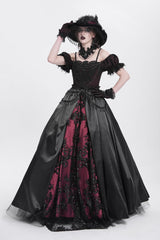 Black/Red Off Shoulder Embroidery Stitching Lace Women's Gothic Dress - Black/Red - 1