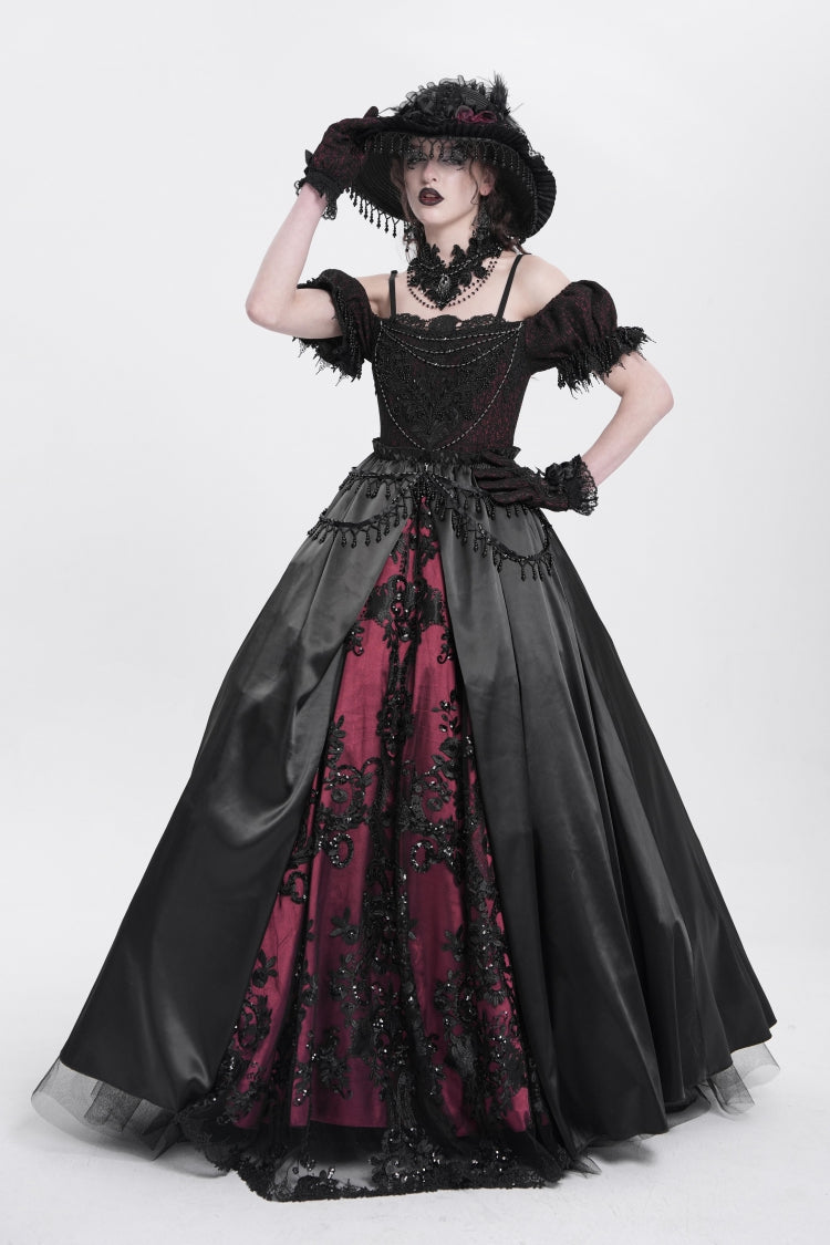 Black/Red Off Shoulder Embroidery Stitching Lace Women's Gothic Dress - Black/Red - 1