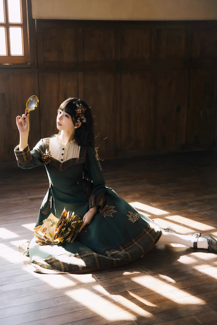 Green [Autumn Chronicles] Round Collar Long Sleeves Printed Embroidered Spliced Slim Sweet Lolita Dress - Product - 10