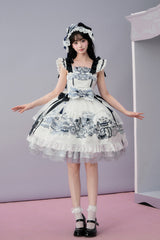 Blue/White [Celadon Jade Cup] Square Collar Flutter Sleeves Printed Ruffled Embroidered Bow Lace Classic Chinese Inspired Lolita Jsk Dress - Product - 4