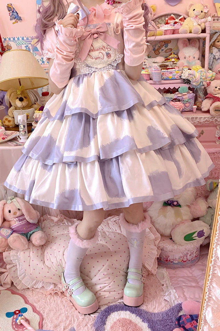 Blue Sleeveless Triple-Layered Cow Print Ruffle Bowknot Sweet Lolita Jsk Dress - Product - 11