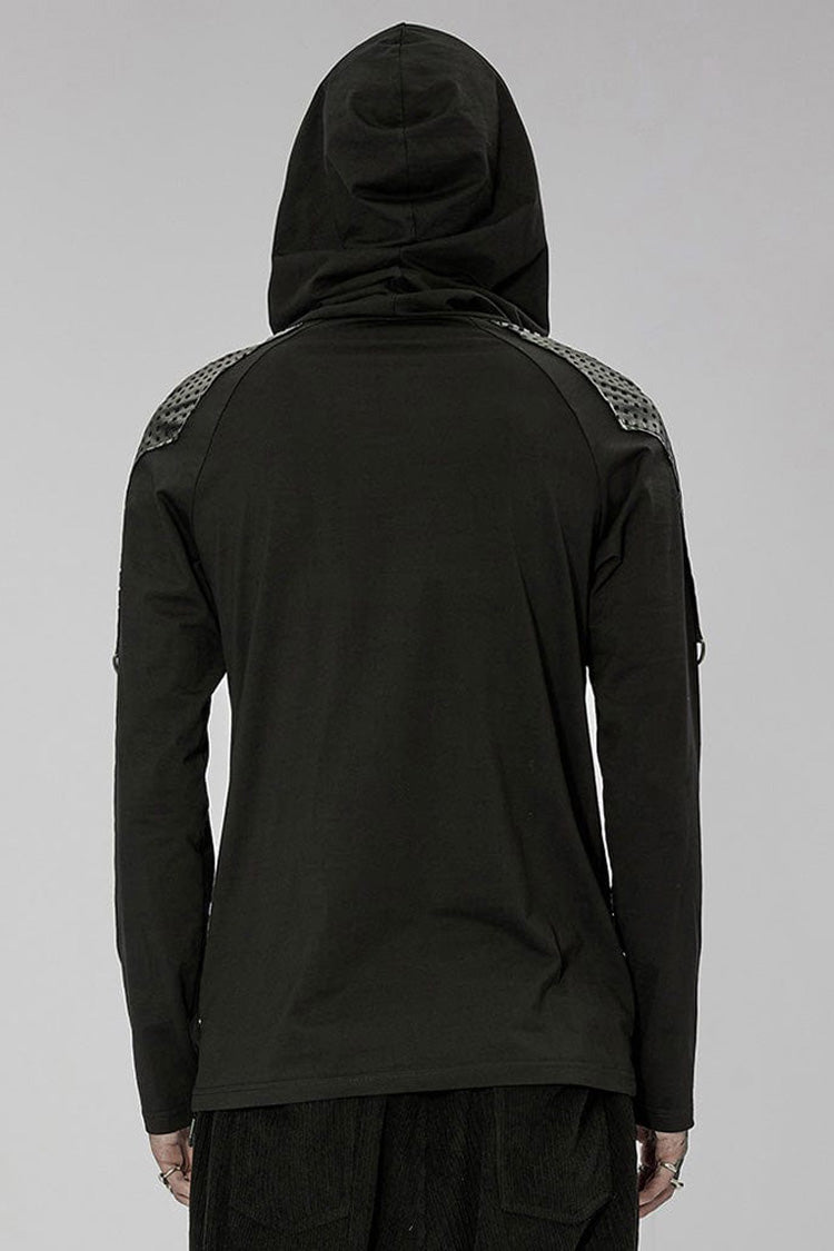 Black Punk Turtleneck Stretch Knit Panel Cutout Drawstring Hooded Men's T-Shirt - Product - 3