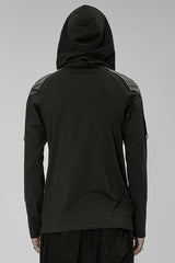 Black Punk Turtleneck Stretch Knit Panel Cutout Drawstring Hooded Men's T-Shirt - Product - 3