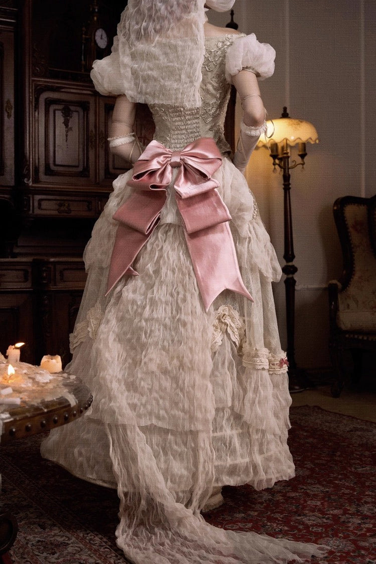Light Brown [Cupid’s Poetry Box] Boat Neck Short Puff Sleeves Ruffled Cut-Out Embroidered Bow Lace Gothic Elegant Lolita Skirt Dress and Top Set - Product - 10