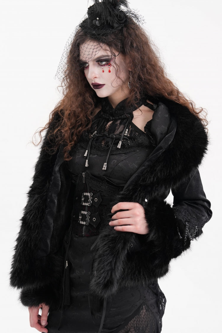 Black Faux Fur Bucket-up Chain Women's Gothic Jacket - Product - 4