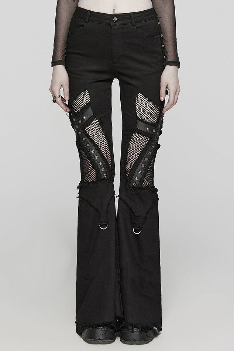 Black Mesh Women's Punk Eyelet Ring Flared Pants - Black - 1