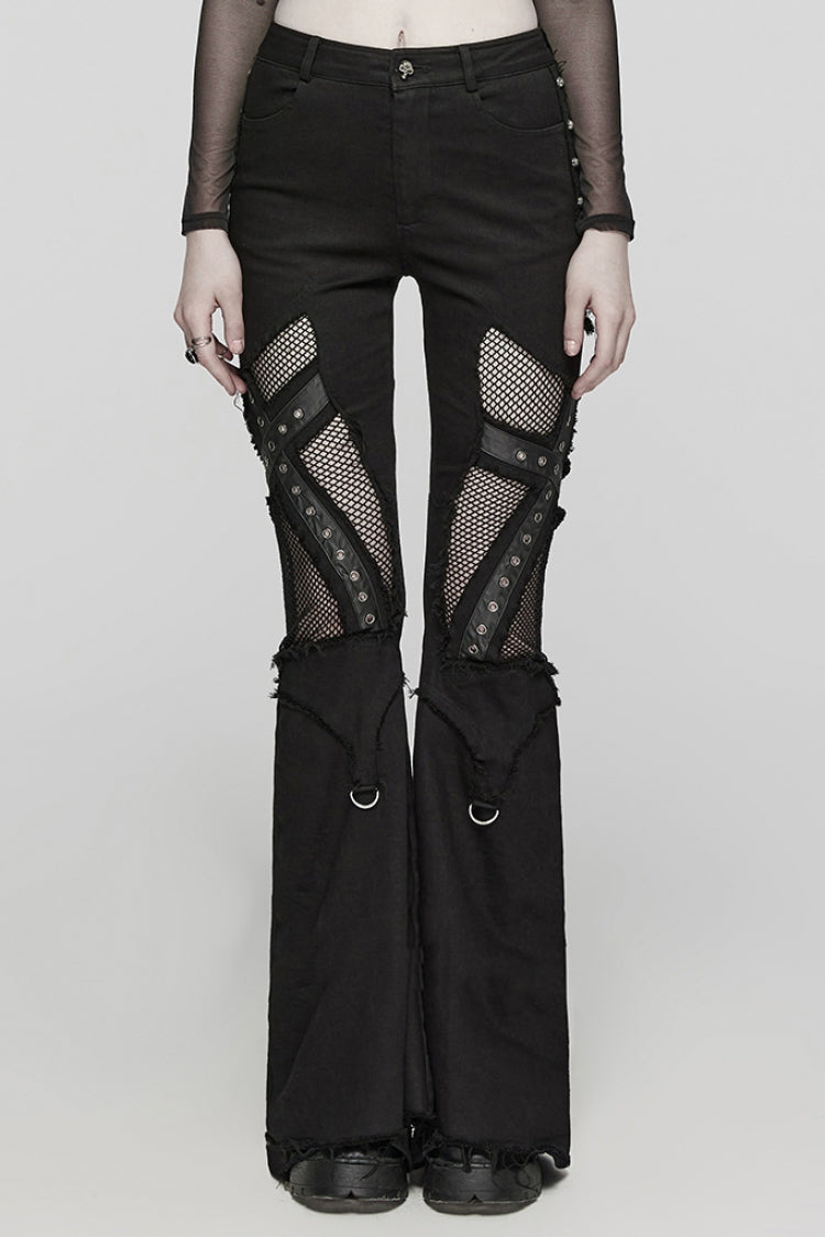Black Mesh Women's Punk Eyelet Ring Flared Pants - Black - 1