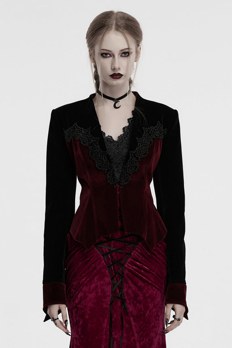 Black/Red V Collar Long Sleeves Floral Embroidery Lace-Up Women's Gothic Jacket - Black/Red - 1