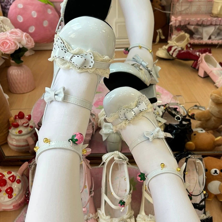 Round Toe Bow Lace Trim Mid Heel Lolita Mary Jane Shoes with Ankle Bells 6 Colors - Product - 3