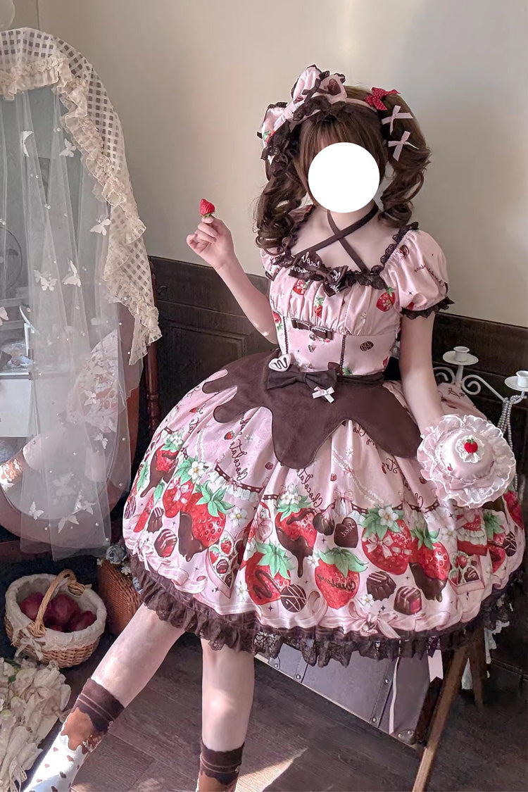 Pink [Strawberry Chocolate Lover] Square Collar Short Sleeves Printed Ruffled Bow Lace Sweet Lolita Dress - Product - 16