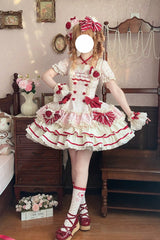 Pink [Sweetheart Strawberry Bunny] Square Collar Short Sleeves Triple-Layered Printed Ruffled Bow Sweet Lolita Dress - Product - 2